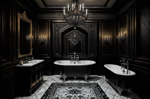 photo from pinterest of gothic-style interior designed (hotel bathroom interior) with bathtub and bath rail and mirror and waste basket and bathroom sink with faucet and bath towel and plant and shower. . . cinematic photo, highly detailed, cinematic lighting, ultra-detailed, ultrarealistic, photorealism, 8k. trending on pinterest. gothic interior design style. masterpiece, cinematic light, ultrarealistic+, photorealistic+, 8k, raw photo, realistic, sharp focus on eyes, (symmetrical eyes), (intact eyes), hyperrealistic, highest quality, best quality, , highly detailed, masterpiece, best quality, extremely detailed 8k wallpaper, masterpiece, best quality, ultra-detailed, best shadow, detailed background, detailed face, detailed eyes, high contrast, best illumination, detailed face, dulux, caustic, dynamic angle, detailed glow. dramatic lighting. highly detailed, insanely detailed hair, symmetrical, intricate details, professionally retouched, 8k high definition. strong bokeh. award winning photo.