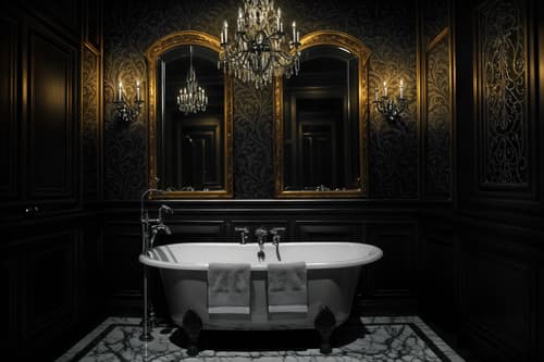 photo from pinterest of gothic-style interior designed (hotel bathroom interior) with bathtub and bath rail and mirror and waste basket and bathroom sink with faucet and bath towel and plant and shower. . . cinematic photo, highly detailed, cinematic lighting, ultra-detailed, ultrarealistic, photorealism, 8k. trending on pinterest. gothic interior design style. masterpiece, cinematic light, ultrarealistic+, photorealistic+, 8k, raw photo, realistic, sharp focus on eyes, (symmetrical eyes), (intact eyes), hyperrealistic, highest quality, best quality, , highly detailed, masterpiece, best quality, extremely detailed 8k wallpaper, masterpiece, best quality, ultra-detailed, best shadow, detailed background, detailed face, detailed eyes, high contrast, best illumination, detailed face, dulux, caustic, dynamic angle, detailed glow. dramatic lighting. highly detailed, insanely detailed hair, symmetrical, intricate details, professionally retouched, 8k high definition. strong bokeh. award winning photo.