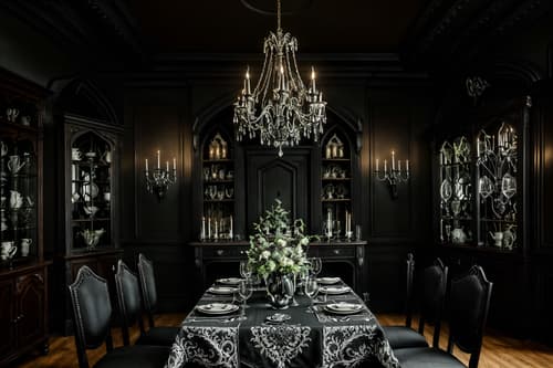 photo from pinterest of gothic-style interior designed (dining room interior) with dining table chairs and plant and vase and plates, cutlery and glasses on dining table and dining table and table cloth and bookshelves and painting or photo on wall. . . cinematic photo, highly detailed, cinematic lighting, ultra-detailed, ultrarealistic, photorealism, 8k. trending on pinterest. gothic interior design style. masterpiece, cinematic light, ultrarealistic+, photorealistic+, 8k, raw photo, realistic, sharp focus on eyes, (symmetrical eyes), (intact eyes), hyperrealistic, highest quality, best quality, , highly detailed, masterpiece, best quality, extremely detailed 8k wallpaper, masterpiece, best quality, ultra-detailed, best shadow, detailed background, detailed face, detailed eyes, high contrast, best illumination, detailed face, dulux, caustic, dynamic angle, detailed glow. dramatic lighting. highly detailed, insanely detailed hair, symmetrical, intricate details, professionally retouched, 8k high definition. strong bokeh. award winning photo.