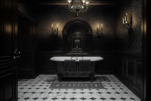 photo from pinterest of gothic-style interior designed (bathroom interior) with waste basket and bathroom sink with faucet and bathroom cabinet and mirror and plant and bath towel and toilet seat and shower. . . cinematic photo, highly detailed, cinematic lighting, ultra-detailed, ultrarealistic, photorealism, 8k. trending on pinterest. gothic interior design style. masterpiece, cinematic light, ultrarealistic+, photorealistic+, 8k, raw photo, realistic, sharp focus on eyes, (symmetrical eyes), (intact eyes), hyperrealistic, highest quality, best quality, , highly detailed, masterpiece, best quality, extremely detailed 8k wallpaper, masterpiece, best quality, ultra-detailed, best shadow, detailed background, detailed face, detailed eyes, high contrast, best illumination, detailed face, dulux, caustic, dynamic angle, detailed glow. dramatic lighting. highly detailed, insanely detailed hair, symmetrical, intricate details, professionally retouched, 8k high definition. strong bokeh. award winning photo.