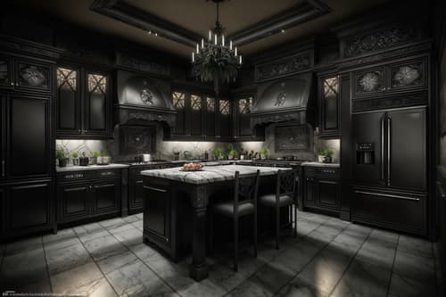 photo from pinterest of gothic-style interior designed (kitchen interior) with plant and refrigerator and sink and worktops and stove and kitchen cabinets and plant. . . cinematic photo, highly detailed, cinematic lighting, ultra-detailed, ultrarealistic, photorealism, 8k. trending on pinterest. gothic interior design style. masterpiece, cinematic light, ultrarealistic+, photorealistic+, 8k, raw photo, realistic, sharp focus on eyes, (symmetrical eyes), (intact eyes), hyperrealistic, highest quality, best quality, , highly detailed, masterpiece, best quality, extremely detailed 8k wallpaper, masterpiece, best quality, ultra-detailed, best shadow, detailed background, detailed face, detailed eyes, high contrast, best illumination, detailed face, dulux, caustic, dynamic angle, detailed glow. dramatic lighting. highly detailed, insanely detailed hair, symmetrical, intricate details, professionally retouched, 8k high definition. strong bokeh. award winning photo.