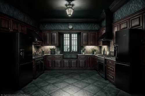 photo from pinterest of gothic-style interior designed (kitchen interior) with plant and refrigerator and sink and worktops and stove and kitchen cabinets and plant. . . cinematic photo, highly detailed, cinematic lighting, ultra-detailed, ultrarealistic, photorealism, 8k. trending on pinterest. gothic interior design style. masterpiece, cinematic light, ultrarealistic+, photorealistic+, 8k, raw photo, realistic, sharp focus on eyes, (symmetrical eyes), (intact eyes), hyperrealistic, highest quality, best quality, , highly detailed, masterpiece, best quality, extremely detailed 8k wallpaper, masterpiece, best quality, ultra-detailed, best shadow, detailed background, detailed face, detailed eyes, high contrast, best illumination, detailed face, dulux, caustic, dynamic angle, detailed glow. dramatic lighting. highly detailed, insanely detailed hair, symmetrical, intricate details, professionally retouched, 8k high definition. strong bokeh. award winning photo.