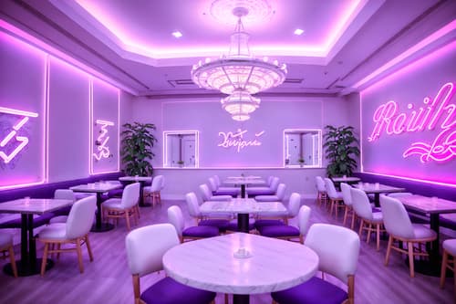 photo from pinterest of vaporwave-style interior designed (restaurant interior) with restaurant dining tables and restaurant decor and restaurant bar and restaurant chairs and restaurant dining tables. . with purple lights and japanese letters on wall and neon glow and japanese letters on wall and white roman statues, white roman sculptures, white roman columns, white roman pillars in the center of the room, and hanging plants and palm trees and purple lights. . cinematic photo, highly detailed, cinematic lighting, ultra-detailed, ultrarealistic, photorealism, 8k. trending on pinterest. vaporwave interior design style. masterpiece, cinematic light, ultrarealistic+, photorealistic+, 8k, raw photo, realistic, sharp focus on eyes, (symmetrical eyes), (intact eyes), hyperrealistic, highest quality, best quality, , highly detailed, masterpiece, best quality, extremely detailed 8k wallpaper, masterpiece, best quality, ultra-detailed, best shadow, detailed background, detailed face, detailed eyes, high contrast, best illumination, detailed face, dulux, caustic, dynamic angle, detailed glow. dramatic lighting. highly detailed, insanely detailed hair, symmetrical, intricate details, professionally retouched, 8k high definition. strong bokeh. award winning photo.