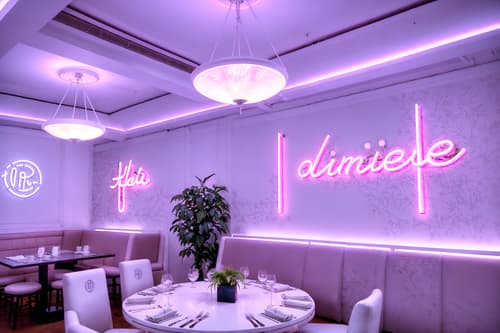 photo from pinterest of vaporwave-style interior designed (restaurant interior) with restaurant dining tables and restaurant decor and restaurant bar and restaurant chairs and restaurant dining tables. . with purple lights and japanese letters on wall and neon glow and japanese letters on wall and white roman statues, white roman sculptures, white roman columns, white roman pillars in the center of the room, and hanging plants and palm trees and purple lights. . cinematic photo, highly detailed, cinematic lighting, ultra-detailed, ultrarealistic, photorealism, 8k. trending on pinterest. vaporwave interior design style. masterpiece, cinematic light, ultrarealistic+, photorealistic+, 8k, raw photo, realistic, sharp focus on eyes, (symmetrical eyes), (intact eyes), hyperrealistic, highest quality, best quality, , highly detailed, masterpiece, best quality, extremely detailed 8k wallpaper, masterpiece, best quality, ultra-detailed, best shadow, detailed background, detailed face, detailed eyes, high contrast, best illumination, detailed face, dulux, caustic, dynamic angle, detailed glow. dramatic lighting. highly detailed, insanely detailed hair, symmetrical, intricate details, professionally retouched, 8k high definition. strong bokeh. award winning photo.