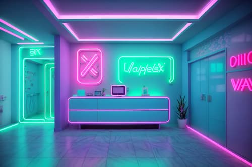 photo from pinterest of vaporwave-style interior designed (clothing store interior) . with neon glow and japanese letters on wall and baby blue and neon glow and palm trees and purple lights and teal colors and white square bathroom tiles. . cinematic photo, highly detailed, cinematic lighting, ultra-detailed, ultrarealistic, photorealism, 8k. trending on pinterest. vaporwave interior design style. masterpiece, cinematic light, ultrarealistic+, photorealistic+, 8k, raw photo, realistic, sharp focus on eyes, (symmetrical eyes), (intact eyes), hyperrealistic, highest quality, best quality, , highly detailed, masterpiece, best quality, extremely detailed 8k wallpaper, masterpiece, best quality, ultra-detailed, best shadow, detailed background, detailed face, detailed eyes, high contrast, best illumination, detailed face, dulux, caustic, dynamic angle, detailed glow. dramatic lighting. highly detailed, insanely detailed hair, symmetrical, intricate details, professionally retouched, 8k high definition. strong bokeh. award winning photo.