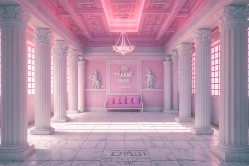 photo from pinterest of vaporwave-style interior designed (attic interior) . with palm trees and white roman statues, white roman sculptures, white roman columns, white roman pillars in the center of the room, and japanese letters on wall and japanese letters on wall and bright pink and palm trees and white square bathroom tiles and purple lights. . cinematic photo, highly detailed, cinematic lighting, ultra-detailed, ultrarealistic, photorealism, 8k. trending on pinterest. vaporwave interior design style. masterpiece, cinematic light, ultrarealistic+, photorealistic+, 8k, raw photo, realistic, sharp focus on eyes, (symmetrical eyes), (intact eyes), hyperrealistic, highest quality, best quality, , highly detailed, masterpiece, best quality, extremely detailed 8k wallpaper, masterpiece, best quality, ultra-detailed, best shadow, detailed background, detailed face, detailed eyes, high contrast, best illumination, detailed face, dulux, caustic, dynamic angle, detailed glow. dramatic lighting. highly detailed, insanely detailed hair, symmetrical, intricate details, professionally retouched, 8k high definition. strong bokeh. award winning photo.
