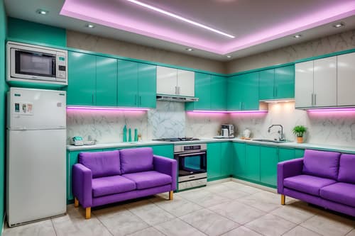 photo from pinterest of vaporwave-style interior designed (kitchen living combo interior) with sofa and furniture and electric lamps and televisions and sink and worktops and occasional tables and chairs. . with teal colors and japanese letters on wall and purple lights and washed out colors and japanese letters on wall and palm trees and palm trees and white square bathroom tiles. . cinematic photo, highly detailed, cinematic lighting, ultra-detailed, ultrarealistic, photorealism, 8k. trending on pinterest. vaporwave interior design style. masterpiece, cinematic light, ultrarealistic+, photorealistic+, 8k, raw photo, realistic, sharp focus on eyes, (symmetrical eyes), (intact eyes), hyperrealistic, highest quality, best quality, , highly detailed, masterpiece, best quality, extremely detailed 8k wallpaper, masterpiece, best quality, ultra-detailed, best shadow, detailed background, detailed face, detailed eyes, high contrast, best illumination, detailed face, dulux, caustic, dynamic angle, detailed glow. dramatic lighting. highly detailed, insanely detailed hair, symmetrical, intricate details, professionally retouched, 8k high definition. strong bokeh. award winning photo.