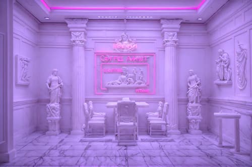 photo from pinterest of vaporwave-style interior designed (coffee shop interior) . with white roman statues, white roman sculptures, white roman columns, white roman pillars in the center of the room, and palm trees and palm trees and purple lights and neon glow and japanese letters on wall and purple lights and white square bathroom tiles. . cinematic photo, highly detailed, cinematic lighting, ultra-detailed, ultrarealistic, photorealism, 8k. trending on pinterest. vaporwave interior design style. masterpiece, cinematic light, ultrarealistic+, photorealistic+, 8k, raw photo, realistic, sharp focus on eyes, (symmetrical eyes), (intact eyes), hyperrealistic, highest quality, best quality, , highly detailed, masterpiece, best quality, extremely detailed 8k wallpaper, masterpiece, best quality, ultra-detailed, best shadow, detailed background, detailed face, detailed eyes, high contrast, best illumination, detailed face, dulux, caustic, dynamic angle, detailed glow. dramatic lighting. highly detailed, insanely detailed hair, symmetrical, intricate details, professionally retouched, 8k high definition. strong bokeh. award winning photo.