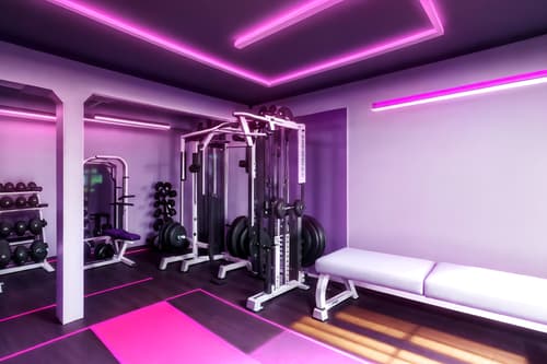 photo from pinterest of vaporwave-style interior designed (fitness gym interior) with dumbbell stand and exercise bicycle and bench press and squat rack and crosstrainer and dumbbell stand. . with purple lights and japanese letters on wall and hanging plants and white square bathroom tiles and neon glow and washed out colors and purple lights and neon glow. . cinematic photo, highly detailed, cinematic lighting, ultra-detailed, ultrarealistic, photorealism, 8k. trending on pinterest. vaporwave interior design style. masterpiece, cinematic light, ultrarealistic+, photorealistic+, 8k, raw photo, realistic, sharp focus on eyes, (symmetrical eyes), (intact eyes), hyperrealistic, highest quality, best quality, , highly detailed, masterpiece, best quality, extremely detailed 8k wallpaper, masterpiece, best quality, ultra-detailed, best shadow, detailed background, detailed face, detailed eyes, high contrast, best illumination, detailed face, dulux, caustic, dynamic angle, detailed glow. dramatic lighting. highly detailed, insanely detailed hair, symmetrical, intricate details, professionally retouched, 8k high definition. strong bokeh. award winning photo.