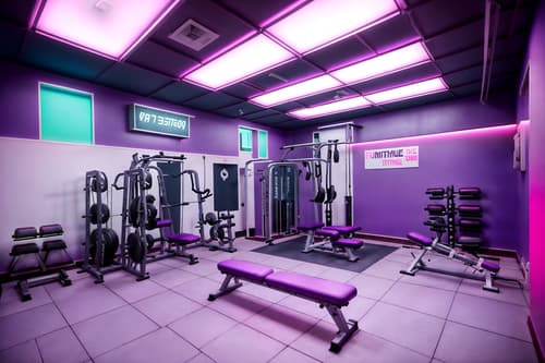 photo from pinterest of vaporwave-style interior designed (fitness gym interior) with dumbbell stand and exercise bicycle and bench press and squat rack and crosstrainer and dumbbell stand. . with purple lights and japanese letters on wall and hanging plants and white square bathroom tiles and neon glow and washed out colors and purple lights and neon glow. . cinematic photo, highly detailed, cinematic lighting, ultra-detailed, ultrarealistic, photorealism, 8k. trending on pinterest. vaporwave interior design style. masterpiece, cinematic light, ultrarealistic+, photorealistic+, 8k, raw photo, realistic, sharp focus on eyes, (symmetrical eyes), (intact eyes), hyperrealistic, highest quality, best quality, , highly detailed, masterpiece, best quality, extremely detailed 8k wallpaper, masterpiece, best quality, ultra-detailed, best shadow, detailed background, detailed face, detailed eyes, high contrast, best illumination, detailed face, dulux, caustic, dynamic angle, detailed glow. dramatic lighting. highly detailed, insanely detailed hair, symmetrical, intricate details, professionally retouched, 8k high definition. strong bokeh. award winning photo.