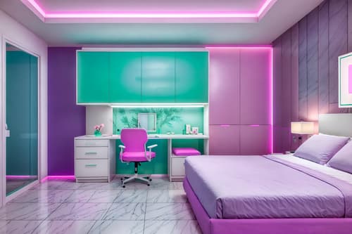 photo from pinterest of vaporwave-style interior designed (hotel room interior) with headboard and storage bench or ottoman and night light and bedside table or night stand and bed and dresser closet and mirror and working desk with desk chair. . with washed out colors and white square bathroom tiles and teal colors and purple lights and palm trees and white square bathroom tiles and neon glow and bright pink. . cinematic photo, highly detailed, cinematic lighting, ultra-detailed, ultrarealistic, photorealism, 8k. trending on pinterest. vaporwave interior design style. masterpiece, cinematic light, ultrarealistic+, photorealistic+, 8k, raw photo, realistic, sharp focus on eyes, (symmetrical eyes), (intact eyes), hyperrealistic, highest quality, best quality, , highly detailed, masterpiece, best quality, extremely detailed 8k wallpaper, masterpiece, best quality, ultra-detailed, best shadow, detailed background, detailed face, detailed eyes, high contrast, best illumination, detailed face, dulux, caustic, dynamic angle, detailed glow. dramatic lighting. highly detailed, insanely detailed hair, symmetrical, intricate details, professionally retouched, 8k high definition. strong bokeh. award winning photo.