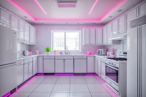 photo from pinterest of vaporwave-style interior designed (kitchen interior) with kitchen cabinets and plant and sink and refrigerator and stove and worktops and kitchen cabinets. . with neon glow and purple lights and bright pink and neon glow and white roman statues, white roman sculptures, white roman columns, white roman pillars in the center of the room, and washed out colors and white square bathroom tiles and palm trees. . cinematic photo, highly detailed, cinematic lighting, ultra-detailed, ultrarealistic, photorealism, 8k. trending on pinterest. vaporwave interior design style. masterpiece, cinematic light, ultrarealistic+, photorealistic+, 8k, raw photo, realistic, sharp focus on eyes, (symmetrical eyes), (intact eyes), hyperrealistic, highest quality, best quality, , highly detailed, masterpiece, best quality, extremely detailed 8k wallpaper, masterpiece, best quality, ultra-detailed, best shadow, detailed background, detailed face, detailed eyes, high contrast, best illumination, detailed face, dulux, caustic, dynamic angle, detailed glow. dramatic lighting. highly detailed, insanely detailed hair, symmetrical, intricate details, professionally retouched, 8k high definition. strong bokeh. award winning photo.