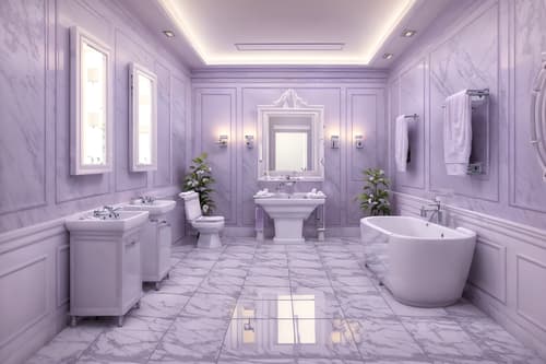 photo from pinterest of vaporwave-style interior designed (hotel bathroom interior) with bath rail and shower and mirror and toilet seat and bathroom cabinet and waste basket and bathtub and bathroom sink with faucet. . with purple lights and white roman statues, white roman sculptures, white roman columns, white roman pillars in the center of the room, and white square bathroom tiles and japanese letters on wall and white square bathroom tiles and purple lights and palm trees and neon glow. . cinematic photo, highly detailed, cinematic lighting, ultra-detailed, ultrarealistic, photorealism, 8k. trending on pinterest. vaporwave interior design style. masterpiece, cinematic light, ultrarealistic+, photorealistic+, 8k, raw photo, realistic, sharp focus on eyes, (symmetrical eyes), (intact eyes), hyperrealistic, highest quality, best quality, , highly detailed, masterpiece, best quality, extremely detailed 8k wallpaper, masterpiece, best quality, ultra-detailed, best shadow, detailed background, detailed face, detailed eyes, high contrast, best illumination, detailed face, dulux, caustic, dynamic angle, detailed glow. dramatic lighting. highly detailed, insanely detailed hair, symmetrical, intricate details, professionally retouched, 8k high definition. strong bokeh. award winning photo.