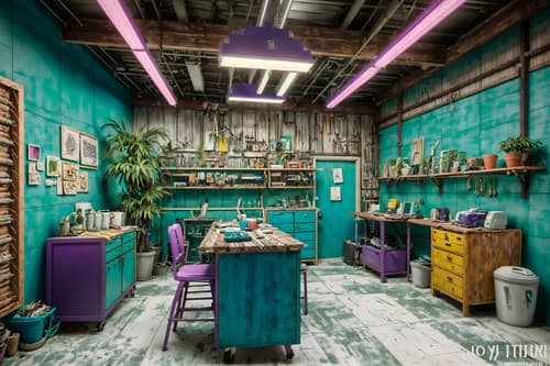 photo from pinterest of vaporwave-style interior designed (workshop interior) with messy and wooden workbench and tool wall and messy. . with teal colors and purple lights and white square bathroom tiles and hanging plants and palm trees and white square bathroom tiles and palm trees and bright pink. . cinematic photo, highly detailed, cinematic lighting, ultra-detailed, ultrarealistic, photorealism, 8k. trending on pinterest. vaporwave interior design style. masterpiece, cinematic light, ultrarealistic+, photorealistic+, 8k, raw photo, realistic, sharp focus on eyes, (symmetrical eyes), (intact eyes), hyperrealistic, highest quality, best quality, , highly detailed, masterpiece, best quality, extremely detailed 8k wallpaper, masterpiece, best quality, ultra-detailed, best shadow, detailed background, detailed face, detailed eyes, high contrast, best illumination, detailed face, dulux, caustic, dynamic angle, detailed glow. dramatic lighting. highly detailed, insanely detailed hair, symmetrical, intricate details, professionally retouched, 8k high definition. strong bokeh. award winning photo.