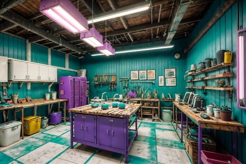 photo from pinterest of vaporwave-style interior designed (workshop interior) with messy and wooden workbench and tool wall and messy. . with teal colors and purple lights and white square bathroom tiles and hanging plants and palm trees and white square bathroom tiles and palm trees and bright pink. . cinematic photo, highly detailed, cinematic lighting, ultra-detailed, ultrarealistic, photorealism, 8k. trending on pinterest. vaporwave interior design style. masterpiece, cinematic light, ultrarealistic+, photorealistic+, 8k, raw photo, realistic, sharp focus on eyes, (symmetrical eyes), (intact eyes), hyperrealistic, highest quality, best quality, , highly detailed, masterpiece, best quality, extremely detailed 8k wallpaper, masterpiece, best quality, ultra-detailed, best shadow, detailed background, detailed face, detailed eyes, high contrast, best illumination, detailed face, dulux, caustic, dynamic angle, detailed glow. dramatic lighting. highly detailed, insanely detailed hair, symmetrical, intricate details, professionally retouched, 8k high definition. strong bokeh. award winning photo.