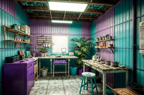 photo from pinterest of vaporwave-style interior designed (workshop interior) with messy and wooden workbench and tool wall and messy. . with teal colors and purple lights and white square bathroom tiles and hanging plants and palm trees and white square bathroom tiles and palm trees and bright pink. . cinematic photo, highly detailed, cinematic lighting, ultra-detailed, ultrarealistic, photorealism, 8k. trending on pinterest. vaporwave interior design style. masterpiece, cinematic light, ultrarealistic+, photorealistic+, 8k, raw photo, realistic, sharp focus on eyes, (symmetrical eyes), (intact eyes), hyperrealistic, highest quality, best quality, , highly detailed, masterpiece, best quality, extremely detailed 8k wallpaper, masterpiece, best quality, ultra-detailed, best shadow, detailed background, detailed face, detailed eyes, high contrast, best illumination, detailed face, dulux, caustic, dynamic angle, detailed glow. dramatic lighting. highly detailed, insanely detailed hair, symmetrical, intricate details, professionally retouched, 8k high definition. strong bokeh. award winning photo.