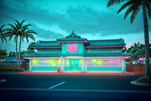 photo from pinterest of vaporwave-style exterior designed (house exterior exterior) . with neon glow and 1980s retail shops and baby blue and teal colors and white square bathroom tiles and palm trees and japanese letters on wall and japanese letters on wall. . cinematic photo, highly detailed, cinematic lighting, ultra-detailed, ultrarealistic, photorealism, 8k. trending on pinterest. vaporwave exterior design style. masterpiece, cinematic light, ultrarealistic+, photorealistic+, 8k, raw photo, realistic, sharp focus on eyes, (symmetrical eyes), (intact eyes), hyperrealistic, highest quality, best quality, , highly detailed, masterpiece, best quality, extremely detailed 8k wallpaper, masterpiece, best quality, ultra-detailed, best shadow, detailed background, detailed face, detailed eyes, high contrast, best illumination, detailed face, dulux, caustic, dynamic angle, detailed glow. dramatic lighting. highly detailed, insanely detailed hair, symmetrical, intricate details, professionally retouched, 8k high definition. strong bokeh. award winning photo.