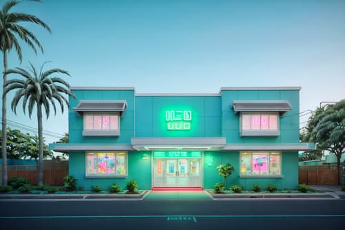 photo from pinterest of vaporwave-style exterior designed (house exterior exterior) . with neon glow and 1980s retail shops and baby blue and teal colors and white square bathroom tiles and palm trees and japanese letters on wall and japanese letters on wall. . cinematic photo, highly detailed, cinematic lighting, ultra-detailed, ultrarealistic, photorealism, 8k. trending on pinterest. vaporwave exterior design style. masterpiece, cinematic light, ultrarealistic+, photorealistic+, 8k, raw photo, realistic, sharp focus on eyes, (symmetrical eyes), (intact eyes), hyperrealistic, highest quality, best quality, , highly detailed, masterpiece, best quality, extremely detailed 8k wallpaper, masterpiece, best quality, ultra-detailed, best shadow, detailed background, detailed face, detailed eyes, high contrast, best illumination, detailed face, dulux, caustic, dynamic angle, detailed glow. dramatic lighting. highly detailed, insanely detailed hair, symmetrical, intricate details, professionally retouched, 8k high definition. strong bokeh. award winning photo.