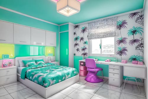 photo from pinterest of vaporwave-style interior designed (kids room interior) with storage bench or ottoman and bed and mirror and night light and dresser closet and accent chair and kids desk and bedside table or night stand. . with japanese letters on wall and white square bathroom tiles and palm trees and teal colors and palm trees and neon glow and white square bathroom tiles and purple lights. . cinematic photo, highly detailed, cinematic lighting, ultra-detailed, ultrarealistic, photorealism, 8k. trending on pinterest. vaporwave interior design style. masterpiece, cinematic light, ultrarealistic+, photorealistic+, 8k, raw photo, realistic, sharp focus on eyes, (symmetrical eyes), (intact eyes), hyperrealistic, highest quality, best quality, , highly detailed, masterpiece, best quality, extremely detailed 8k wallpaper, masterpiece, best quality, ultra-detailed, best shadow, detailed background, detailed face, detailed eyes, high contrast, best illumination, detailed face, dulux, caustic, dynamic angle, detailed glow. dramatic lighting. highly detailed, insanely detailed hair, symmetrical, intricate details, professionally retouched, 8k high definition. strong bokeh. award winning photo.