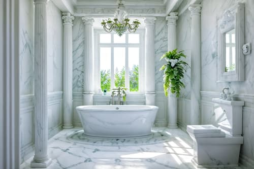 photo from pinterest of vaporwave-style interior designed (bathroom interior) with toilet seat and waste basket and bathtub and shower and bathroom sink with faucet and bath rail and plant and bath towel. . with white roman statues, white roman sculptures, white roman columns, white roman pillars in the center of the room, and hanging plants and white roman statues, white roman sculptures, white roman columns, white roman pillars in the center of the room, and palm trees and white square bathroom tiles and neon glow and bright pink and japanese letters on wall. . cinematic photo, highly detailed, cinematic lighting, ultra-detailed, ultrarealistic, photorealism, 8k. trending on pinterest. vaporwave interior design style. masterpiece, cinematic light, ultrarealistic+, photorealistic+, 8k, raw photo, realistic, sharp focus on eyes, (symmetrical eyes), (intact eyes), hyperrealistic, highest quality, best quality, , highly detailed, masterpiece, best quality, extremely detailed 8k wallpaper, masterpiece, best quality, ultra-detailed, best shadow, detailed background, detailed face, detailed eyes, high contrast, best illumination, detailed face, dulux, caustic, dynamic angle, detailed glow. dramatic lighting. highly detailed, insanely detailed hair, symmetrical, intricate details, professionally retouched, 8k high definition. strong bokeh. award winning photo.