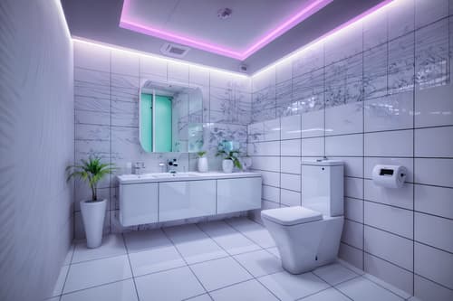 photo from pinterest of vaporwave-style interior designed (toilet interior) with sink with tap and toilet with toilet seat up and toilet paper hanger and sink with tap. . with white square bathroom tiles and neon glow and white square bathroom tiles and neon glow and palm trees and japanese letters on wall and purple lights and neon glow. . cinematic photo, highly detailed, cinematic lighting, ultra-detailed, ultrarealistic, photorealism, 8k. trending on pinterest. vaporwave interior design style. masterpiece, cinematic light, ultrarealistic+, photorealistic+, 8k, raw photo, realistic, sharp focus on eyes, (symmetrical eyes), (intact eyes), hyperrealistic, highest quality, best quality, , highly detailed, masterpiece, best quality, extremely detailed 8k wallpaper, masterpiece, best quality, ultra-detailed, best shadow, detailed background, detailed face, detailed eyes, high contrast, best illumination, detailed face, dulux, caustic, dynamic angle, detailed glow. dramatic lighting. highly detailed, insanely detailed hair, symmetrical, intricate details, professionally retouched, 8k high definition. strong bokeh. award winning photo.