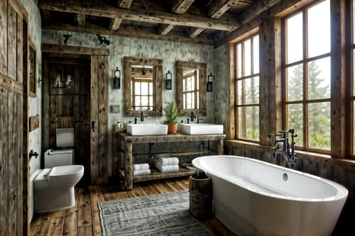 photo from pinterest of rustic-style interior designed (hotel bathroom interior) with toilet seat and bathroom sink with faucet and shower and mirror and bathtub and plant and bath towel and bathroom cabinet. . with . . cinematic photo, highly detailed, cinematic lighting, ultra-detailed, ultrarealistic, photorealism, 8k. trending on pinterest. rustic interior design style. masterpiece, cinematic light, ultrarealistic+, photorealistic+, 8k, raw photo, realistic, sharp focus on eyes, (symmetrical eyes), (intact eyes), hyperrealistic, highest quality, best quality, , highly detailed, masterpiece, best quality, extremely detailed 8k wallpaper, masterpiece, best quality, ultra-detailed, best shadow, detailed background, detailed face, detailed eyes, high contrast, best illumination, detailed face, dulux, caustic, dynamic angle, detailed glow. dramatic lighting. highly detailed, insanely detailed hair, symmetrical, intricate details, professionally retouched, 8k high definition. strong bokeh. award winning photo.