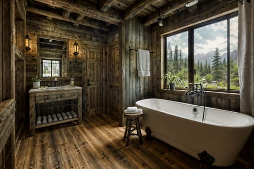 photo from pinterest of rustic-style interior designed (hotel bathroom interior) with toilet seat and bathroom sink with faucet and shower and mirror and bathtub and plant and bath towel and bathroom cabinet. . with . . cinematic photo, highly detailed, cinematic lighting, ultra-detailed, ultrarealistic, photorealism, 8k. trending on pinterest. rustic interior design style. masterpiece, cinematic light, ultrarealistic+, photorealistic+, 8k, raw photo, realistic, sharp focus on eyes, (symmetrical eyes), (intact eyes), hyperrealistic, highest quality, best quality, , highly detailed, masterpiece, best quality, extremely detailed 8k wallpaper, masterpiece, best quality, ultra-detailed, best shadow, detailed background, detailed face, detailed eyes, high contrast, best illumination, detailed face, dulux, caustic, dynamic angle, detailed glow. dramatic lighting. highly detailed, insanely detailed hair, symmetrical, intricate details, professionally retouched, 8k high definition. strong bokeh. award winning photo.