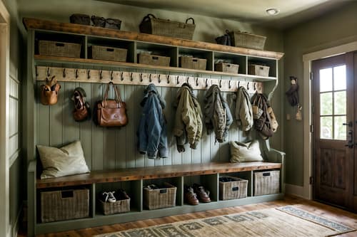 photo from pinterest of rustic-style interior designed (mudroom interior) with a bench and shelves for shoes and storage baskets and wall hooks for coats and cubbies and storage drawers and cabinets and high up storage. . with . . cinematic photo, highly detailed, cinematic lighting, ultra-detailed, ultrarealistic, photorealism, 8k. trending on pinterest. rustic interior design style. masterpiece, cinematic light, ultrarealistic+, photorealistic+, 8k, raw photo, realistic, sharp focus on eyes, (symmetrical eyes), (intact eyes), hyperrealistic, highest quality, best quality, , highly detailed, masterpiece, best quality, extremely detailed 8k wallpaper, masterpiece, best quality, ultra-detailed, best shadow, detailed background, detailed face, detailed eyes, high contrast, best illumination, detailed face, dulux, caustic, dynamic angle, detailed glow. dramatic lighting. highly detailed, insanely detailed hair, symmetrical, intricate details, professionally retouched, 8k high definition. strong bokeh. award winning photo.