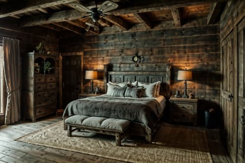 photo from pinterest of rustic-style interior designed (bedroom interior) with mirror and night light and bedside table or night stand and storage bench or ottoman and dresser closet and plant and accent chair and bed. . with . . cinematic photo, highly detailed, cinematic lighting, ultra-detailed, ultrarealistic, photorealism, 8k. trending on pinterest. rustic interior design style. masterpiece, cinematic light, ultrarealistic+, photorealistic+, 8k, raw photo, realistic, sharp focus on eyes, (symmetrical eyes), (intact eyes), hyperrealistic, highest quality, best quality, , highly detailed, masterpiece, best quality, extremely detailed 8k wallpaper, masterpiece, best quality, ultra-detailed, best shadow, detailed background, detailed face, detailed eyes, high contrast, best illumination, detailed face, dulux, caustic, dynamic angle, detailed glow. dramatic lighting. highly detailed, insanely detailed hair, symmetrical, intricate details, professionally retouched, 8k high definition. strong bokeh. award winning photo.
