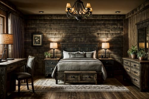 photo from pinterest of rustic-style interior designed (hotel room interior) with bedside table or night stand and mirror and plant and headboard and accent chair and night light and hotel bathroom and working desk with desk chair. . with . . cinematic photo, highly detailed, cinematic lighting, ultra-detailed, ultrarealistic, photorealism, 8k. trending on pinterest. rustic interior design style. masterpiece, cinematic light, ultrarealistic+, photorealistic+, 8k, raw photo, realistic, sharp focus on eyes, (symmetrical eyes), (intact eyes), hyperrealistic, highest quality, best quality, , highly detailed, masterpiece, best quality, extremely detailed 8k wallpaper, masterpiece, best quality, ultra-detailed, best shadow, detailed background, detailed face, detailed eyes, high contrast, best illumination, detailed face, dulux, caustic, dynamic angle, detailed glow. dramatic lighting. highly detailed, insanely detailed hair, symmetrical, intricate details, professionally retouched, 8k high definition. strong bokeh. award winning photo.