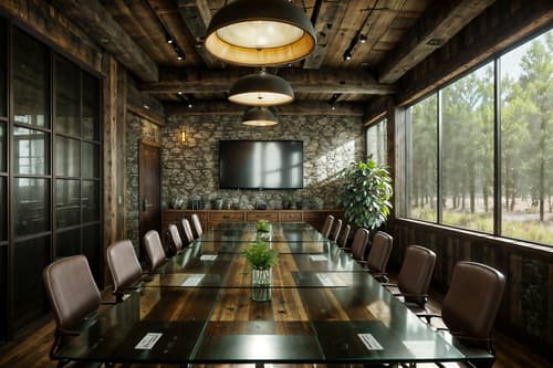 photo from pinterest of rustic-style interior designed (meeting room interior) with cabinets and boardroom table and vase and painting or photo on wall and office chairs and glass walls and plant and glass doors. . with . . cinematic photo, highly detailed, cinematic lighting, ultra-detailed, ultrarealistic, photorealism, 8k. trending on pinterest. rustic interior design style. masterpiece, cinematic light, ultrarealistic+, photorealistic+, 8k, raw photo, realistic, sharp focus on eyes, (symmetrical eyes), (intact eyes), hyperrealistic, highest quality, best quality, , highly detailed, masterpiece, best quality, extremely detailed 8k wallpaper, masterpiece, best quality, ultra-detailed, best shadow, detailed background, detailed face, detailed eyes, high contrast, best illumination, detailed face, dulux, caustic, dynamic angle, detailed glow. dramatic lighting. highly detailed, insanely detailed hair, symmetrical, intricate details, professionally retouched, 8k high definition. strong bokeh. award winning photo.
