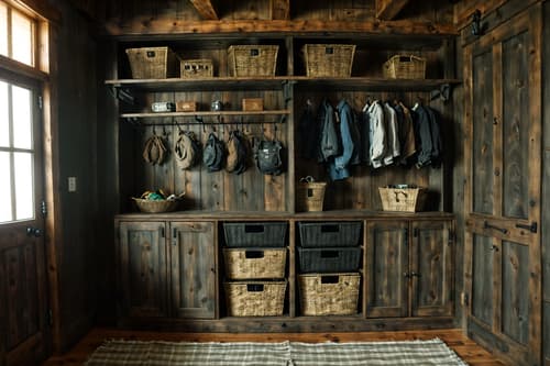 photo from pinterest of rustic-style interior designed (drop zone interior) with storage baskets and storage drawers and high up storage and cubbies and shelves for shoes and wall hooks for coats and lockers and cabinets. . with . . cinematic photo, highly detailed, cinematic lighting, ultra-detailed, ultrarealistic, photorealism, 8k. trending on pinterest. rustic interior design style. masterpiece, cinematic light, ultrarealistic+, photorealistic+, 8k, raw photo, realistic, sharp focus on eyes, (symmetrical eyes), (intact eyes), hyperrealistic, highest quality, best quality, , highly detailed, masterpiece, best quality, extremely detailed 8k wallpaper, masterpiece, best quality, ultra-detailed, best shadow, detailed background, detailed face, detailed eyes, high contrast, best illumination, detailed face, dulux, caustic, dynamic angle, detailed glow. dramatic lighting. highly detailed, insanely detailed hair, symmetrical, intricate details, professionally retouched, 8k high definition. strong bokeh. award winning photo.