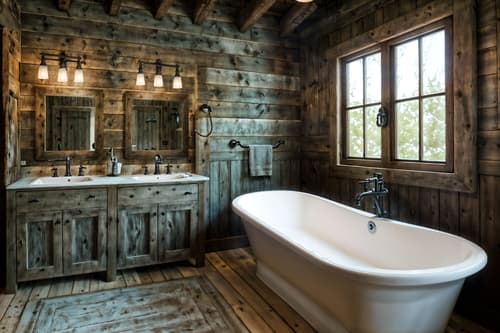 photo from pinterest of rustic-style interior designed (bathroom interior) with bathroom sink with faucet and bath rail and bath towel and shower and toilet seat and mirror and bathroom cabinet and bathtub. . with . . cinematic photo, highly detailed, cinematic lighting, ultra-detailed, ultrarealistic, photorealism, 8k. trending on pinterest. rustic interior design style. masterpiece, cinematic light, ultrarealistic+, photorealistic+, 8k, raw photo, realistic, sharp focus on eyes, (symmetrical eyes), (intact eyes), hyperrealistic, highest quality, best quality, , highly detailed, masterpiece, best quality, extremely detailed 8k wallpaper, masterpiece, best quality, ultra-detailed, best shadow, detailed background, detailed face, detailed eyes, high contrast, best illumination, detailed face, dulux, caustic, dynamic angle, detailed glow. dramatic lighting. highly detailed, insanely detailed hair, symmetrical, intricate details, professionally retouched, 8k high definition. strong bokeh. award winning photo.