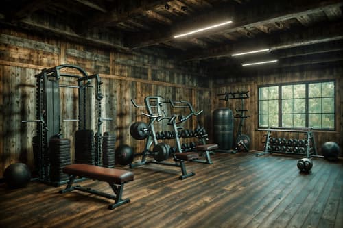 photo from pinterest of rustic-style interior designed (fitness gym interior) with dumbbell stand and exercise bicycle and crosstrainer and squat rack and bench press and dumbbell stand. . with . . cinematic photo, highly detailed, cinematic lighting, ultra-detailed, ultrarealistic, photorealism, 8k. trending on pinterest. rustic interior design style. masterpiece, cinematic light, ultrarealistic+, photorealistic+, 8k, raw photo, realistic, sharp focus on eyes, (symmetrical eyes), (intact eyes), hyperrealistic, highest quality, best quality, , highly detailed, masterpiece, best quality, extremely detailed 8k wallpaper, masterpiece, best quality, ultra-detailed, best shadow, detailed background, detailed face, detailed eyes, high contrast, best illumination, detailed face, dulux, caustic, dynamic angle, detailed glow. dramatic lighting. highly detailed, insanely detailed hair, symmetrical, intricate details, professionally retouched, 8k high definition. strong bokeh. award winning photo.