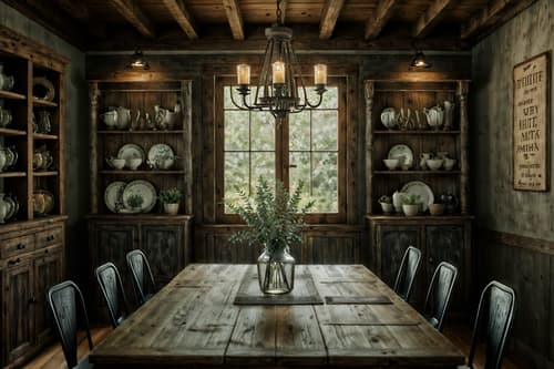 photo from pinterest of rustic-style interior designed (dining room interior) with bookshelves and table cloth and plates, cutlery and glasses on dining table and dining table and painting or photo on wall and vase and plant and dining table chairs. . with . . cinematic photo, highly detailed, cinematic lighting, ultra-detailed, ultrarealistic, photorealism, 8k. trending on pinterest. rustic interior design style. masterpiece, cinematic light, ultrarealistic+, photorealistic+, 8k, raw photo, realistic, sharp focus on eyes, (symmetrical eyes), (intact eyes), hyperrealistic, highest quality, best quality, , highly detailed, masterpiece, best quality, extremely detailed 8k wallpaper, masterpiece, best quality, ultra-detailed, best shadow, detailed background, detailed face, detailed eyes, high contrast, best illumination, detailed face, dulux, caustic, dynamic angle, detailed glow. dramatic lighting. highly detailed, insanely detailed hair, symmetrical, intricate details, professionally retouched, 8k high definition. strong bokeh. award winning photo.