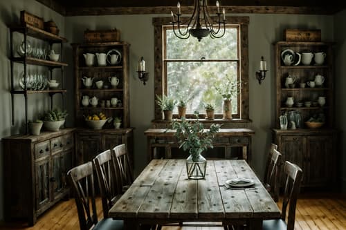 photo from pinterest of rustic-style interior designed (dining room interior) with bookshelves and table cloth and plates, cutlery and glasses on dining table and dining table and painting or photo on wall and vase and plant and dining table chairs. . with . . cinematic photo, highly detailed, cinematic lighting, ultra-detailed, ultrarealistic, photorealism, 8k. trending on pinterest. rustic interior design style. masterpiece, cinematic light, ultrarealistic+, photorealistic+, 8k, raw photo, realistic, sharp focus on eyes, (symmetrical eyes), (intact eyes), hyperrealistic, highest quality, best quality, , highly detailed, masterpiece, best quality, extremely detailed 8k wallpaper, masterpiece, best quality, ultra-detailed, best shadow, detailed background, detailed face, detailed eyes, high contrast, best illumination, detailed face, dulux, caustic, dynamic angle, detailed glow. dramatic lighting. highly detailed, insanely detailed hair, symmetrical, intricate details, professionally retouched, 8k high definition. strong bokeh. award winning photo.