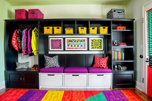 photo from pinterest of maximalist-style interior designed (drop zone interior) with cubbies and storage drawers and wall hooks for coats and shelves for shoes and storage baskets and a bench and high up storage and lockers. . with playful and over-the-top aesthetic and bold patterns and bold colors and bold design and vibrant and bold creativity and eye-catching. . cinematic photo, highly detailed, cinematic lighting, ultra-detailed, ultrarealistic, photorealism, 8k. trending on pinterest. maximalist interior design style. masterpiece, cinematic light, ultrarealistic+, photorealistic+, 8k, raw photo, realistic, sharp focus on eyes, (symmetrical eyes), (intact eyes), hyperrealistic, highest quality, best quality, , highly detailed, masterpiece, best quality, extremely detailed 8k wallpaper, masterpiece, best quality, ultra-detailed, best shadow, detailed background, detailed face, detailed eyes, high contrast, best illumination, detailed face, dulux, caustic, dynamic angle, detailed glow. dramatic lighting. highly detailed, insanely detailed hair, symmetrical, intricate details, professionally retouched, 8k high definition. strong bokeh. award winning photo.