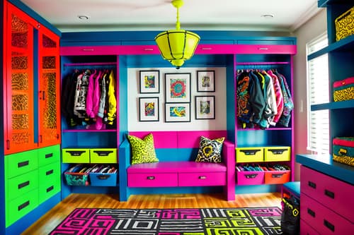 photo from pinterest of maximalist-style interior designed (drop zone interior) with cubbies and storage drawers and wall hooks for coats and shelves for shoes and storage baskets and a bench and high up storage and lockers. . with playful and over-the-top aesthetic and bold patterns and bold colors and bold design and vibrant and bold creativity and eye-catching. . cinematic photo, highly detailed, cinematic lighting, ultra-detailed, ultrarealistic, photorealism, 8k. trending on pinterest. maximalist interior design style. masterpiece, cinematic light, ultrarealistic+, photorealistic+, 8k, raw photo, realistic, sharp focus on eyes, (symmetrical eyes), (intact eyes), hyperrealistic, highest quality, best quality, , highly detailed, masterpiece, best quality, extremely detailed 8k wallpaper, masterpiece, best quality, ultra-detailed, best shadow, detailed background, detailed face, detailed eyes, high contrast, best illumination, detailed face, dulux, caustic, dynamic angle, detailed glow. dramatic lighting. highly detailed, insanely detailed hair, symmetrical, intricate details, professionally retouched, 8k high definition. strong bokeh. award winning photo.