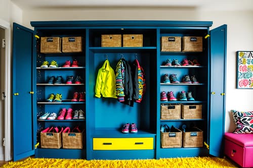 photo from pinterest of maximalist-style interior designed (drop zone interior) with cubbies and storage drawers and wall hooks for coats and shelves for shoes and storage baskets and a bench and high up storage and lockers. . with playful and over-the-top aesthetic and bold patterns and bold colors and bold design and vibrant and bold creativity and eye-catching. . cinematic photo, highly detailed, cinematic lighting, ultra-detailed, ultrarealistic, photorealism, 8k. trending on pinterest. maximalist interior design style. masterpiece, cinematic light, ultrarealistic+, photorealistic+, 8k, raw photo, realistic, sharp focus on eyes, (symmetrical eyes), (intact eyes), hyperrealistic, highest quality, best quality, , highly detailed, masterpiece, best quality, extremely detailed 8k wallpaper, masterpiece, best quality, ultra-detailed, best shadow, detailed background, detailed face, detailed eyes, high contrast, best illumination, detailed face, dulux, caustic, dynamic angle, detailed glow. dramatic lighting. highly detailed, insanely detailed hair, symmetrical, intricate details, professionally retouched, 8k high definition. strong bokeh. award winning photo.