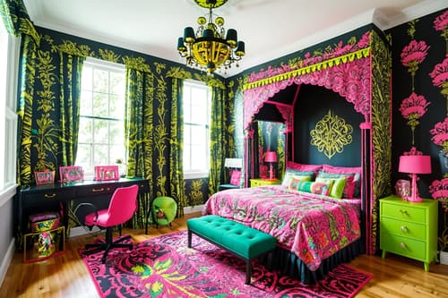 photo from pinterest of maximalist-style interior designed (kids room interior) with plant and accent chair and mirror and bed and headboard and night light and kids desk and storage bench or ottoman. . with more is more philosophy and over-the-top aesthetic and eye-catching and bold patterns and bold design and bold colors and playful and bold creativity. . cinematic photo, highly detailed, cinematic lighting, ultra-detailed, ultrarealistic, photorealism, 8k. trending on pinterest. maximalist interior design style. masterpiece, cinematic light, ultrarealistic+, photorealistic+, 8k, raw photo, realistic, sharp focus on eyes, (symmetrical eyes), (intact eyes), hyperrealistic, highest quality, best quality, , highly detailed, masterpiece, best quality, extremely detailed 8k wallpaper, masterpiece, best quality, ultra-detailed, best shadow, detailed background, detailed face, detailed eyes, high contrast, best illumination, detailed face, dulux, caustic, dynamic angle, detailed glow. dramatic lighting. highly detailed, insanely detailed hair, symmetrical, intricate details, professionally retouched, 8k high definition. strong bokeh. award winning photo.