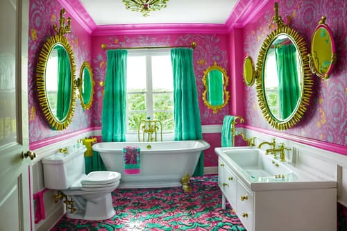 photo from pinterest of maximalist-style interior designed (hotel bathroom interior) with bathtub and bathroom cabinet and bath towel and waste basket and bath rail and mirror and shower and bathroom sink with faucet. . with bold design and eye-catching and bold colors and bold creativity and over-the-top aesthetic and more is more philosophy and vibrant and bold patterns. . cinematic photo, highly detailed, cinematic lighting, ultra-detailed, ultrarealistic, photorealism, 8k. trending on pinterest. maximalist interior design style. masterpiece, cinematic light, ultrarealistic+, photorealistic+, 8k, raw photo, realistic, sharp focus on eyes, (symmetrical eyes), (intact eyes), hyperrealistic, highest quality, best quality, , highly detailed, masterpiece, best quality, extremely detailed 8k wallpaper, masterpiece, best quality, ultra-detailed, best shadow, detailed background, detailed face, detailed eyes, high contrast, best illumination, detailed face, dulux, caustic, dynamic angle, detailed glow. dramatic lighting. highly detailed, insanely detailed hair, symmetrical, intricate details, professionally retouched, 8k high definition. strong bokeh. award winning photo.