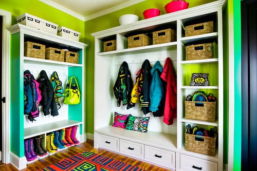 photo from pinterest of maximalist-style interior designed (mudroom interior) with storage baskets and storage drawers and cabinets and wall hooks for coats and a bench and high up storage and cubbies and shelves for shoes. . with bold patterns and bold colors and bold creativity and eye-catching and over-the-top aesthetic and vibrant and playful and bold design. . cinematic photo, highly detailed, cinematic lighting, ultra-detailed, ultrarealistic, photorealism, 8k. trending on pinterest. maximalist interior design style. masterpiece, cinematic light, ultrarealistic+, photorealistic+, 8k, raw photo, realistic, sharp focus on eyes, (symmetrical eyes), (intact eyes), hyperrealistic, highest quality, best quality, , highly detailed, masterpiece, best quality, extremely detailed 8k wallpaper, masterpiece, best quality, ultra-detailed, best shadow, detailed background, detailed face, detailed eyes, high contrast, best illumination, detailed face, dulux, caustic, dynamic angle, detailed glow. dramatic lighting. highly detailed, insanely detailed hair, symmetrical, intricate details, professionally retouched, 8k high definition. strong bokeh. award winning photo.