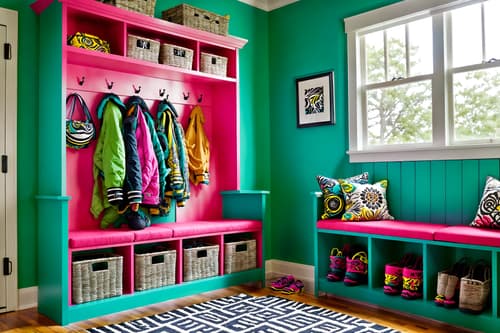 photo from pinterest of maximalist-style interior designed (mudroom interior) with storage baskets and storage drawers and cabinets and wall hooks for coats and a bench and high up storage and cubbies and shelves for shoes. . with bold patterns and bold colors and bold creativity and eye-catching and over-the-top aesthetic and vibrant and playful and bold design. . cinematic photo, highly detailed, cinematic lighting, ultra-detailed, ultrarealistic, photorealism, 8k. trending on pinterest. maximalist interior design style. masterpiece, cinematic light, ultrarealistic+, photorealistic+, 8k, raw photo, realistic, sharp focus on eyes, (symmetrical eyes), (intact eyes), hyperrealistic, highest quality, best quality, , highly detailed, masterpiece, best quality, extremely detailed 8k wallpaper, masterpiece, best quality, ultra-detailed, best shadow, detailed background, detailed face, detailed eyes, high contrast, best illumination, detailed face, dulux, caustic, dynamic angle, detailed glow. dramatic lighting. highly detailed, insanely detailed hair, symmetrical, intricate details, professionally retouched, 8k high definition. strong bokeh. award winning photo.