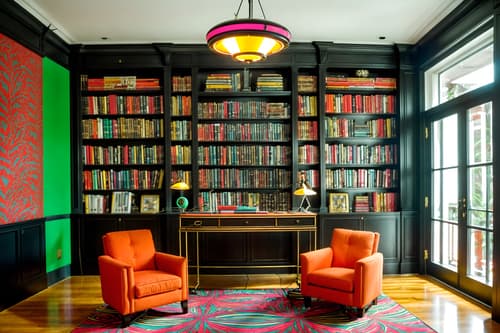 photo from pinterest of maximalist-style interior designed (study room interior) with desk lamp and bookshelves and cabinets and office chair and lounge chair and plant and writing desk and desk lamp. . with bold patterns and bold design and eye-catching and bold colors and vibrant and bold creativity and playful and more is more philosophy. . cinematic photo, highly detailed, cinematic lighting, ultra-detailed, ultrarealistic, photorealism, 8k. trending on pinterest. maximalist interior design style. masterpiece, cinematic light, ultrarealistic+, photorealistic+, 8k, raw photo, realistic, sharp focus on eyes, (symmetrical eyes), (intact eyes), hyperrealistic, highest quality, best quality, , highly detailed, masterpiece, best quality, extremely detailed 8k wallpaper, masterpiece, best quality, ultra-detailed, best shadow, detailed background, detailed face, detailed eyes, high contrast, best illumination, detailed face, dulux, caustic, dynamic angle, detailed glow. dramatic lighting. highly detailed, insanely detailed hair, symmetrical, intricate details, professionally retouched, 8k high definition. strong bokeh. award winning photo.