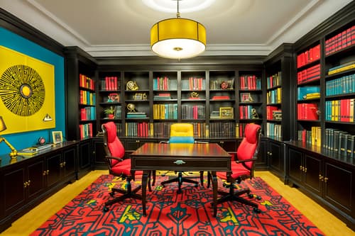photo from pinterest of maximalist-style interior designed (study room interior) with desk lamp and bookshelves and cabinets and office chair and lounge chair and plant and writing desk and desk lamp. . with bold patterns and bold design and eye-catching and bold colors and vibrant and bold creativity and playful and more is more philosophy. . cinematic photo, highly detailed, cinematic lighting, ultra-detailed, ultrarealistic, photorealism, 8k. trending on pinterest. maximalist interior design style. masterpiece, cinematic light, ultrarealistic+, photorealistic+, 8k, raw photo, realistic, sharp focus on eyes, (symmetrical eyes), (intact eyes), hyperrealistic, highest quality, best quality, , highly detailed, masterpiece, best quality, extremely detailed 8k wallpaper, masterpiece, best quality, ultra-detailed, best shadow, detailed background, detailed face, detailed eyes, high contrast, best illumination, detailed face, dulux, caustic, dynamic angle, detailed glow. dramatic lighting. highly detailed, insanely detailed hair, symmetrical, intricate details, professionally retouched, 8k high definition. strong bokeh. award winning photo.