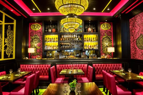 photo from pinterest of maximalist-style interior designed (restaurant interior) with restaurant decor and restaurant chairs and restaurant bar and restaurant dining tables and restaurant decor. . with eye-catching and more is more philosophy and bold creativity and bold colors and vibrant and bold patterns and bold design and over-the-top aesthetic. . cinematic photo, highly detailed, cinematic lighting, ultra-detailed, ultrarealistic, photorealism, 8k. trending on pinterest. maximalist interior design style. masterpiece, cinematic light, ultrarealistic+, photorealistic+, 8k, raw photo, realistic, sharp focus on eyes, (symmetrical eyes), (intact eyes), hyperrealistic, highest quality, best quality, , highly detailed, masterpiece, best quality, extremely detailed 8k wallpaper, masterpiece, best quality, ultra-detailed, best shadow, detailed background, detailed face, detailed eyes, high contrast, best illumination, detailed face, dulux, caustic, dynamic angle, detailed glow. dramatic lighting. highly detailed, insanely detailed hair, symmetrical, intricate details, professionally retouched, 8k high definition. strong bokeh. award winning photo.