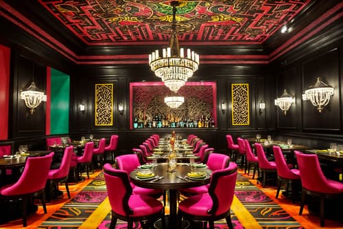 photo from pinterest of maximalist-style interior designed (restaurant interior) with restaurant decor and restaurant chairs and restaurant bar and restaurant dining tables and restaurant decor. . with eye-catching and more is more philosophy and bold creativity and bold colors and vibrant and bold patterns and bold design and over-the-top aesthetic. . cinematic photo, highly detailed, cinematic lighting, ultra-detailed, ultrarealistic, photorealism, 8k. trending on pinterest. maximalist interior design style. masterpiece, cinematic light, ultrarealistic+, photorealistic+, 8k, raw photo, realistic, sharp focus on eyes, (symmetrical eyes), (intact eyes), hyperrealistic, highest quality, best quality, , highly detailed, masterpiece, best quality, extremely detailed 8k wallpaper, masterpiece, best quality, ultra-detailed, best shadow, detailed background, detailed face, detailed eyes, high contrast, best illumination, detailed face, dulux, caustic, dynamic angle, detailed glow. dramatic lighting. highly detailed, insanely detailed hair, symmetrical, intricate details, professionally retouched, 8k high definition. strong bokeh. award winning photo.