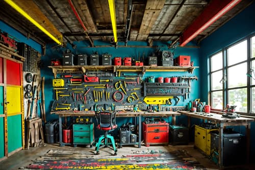 photo from pinterest of maximalist-style interior designed (workshop interior) with tool wall and wooden workbench and messy and tool wall. . with bold creativity and bold colors and playful and eye-catching and bold patterns and bold design and more is more philosophy and vibrant. . cinematic photo, highly detailed, cinematic lighting, ultra-detailed, ultrarealistic, photorealism, 8k. trending on pinterest. maximalist interior design style. masterpiece, cinematic light, ultrarealistic+, photorealistic+, 8k, raw photo, realistic, sharp focus on eyes, (symmetrical eyes), (intact eyes), hyperrealistic, highest quality, best quality, , highly detailed, masterpiece, best quality, extremely detailed 8k wallpaper, masterpiece, best quality, ultra-detailed, best shadow, detailed background, detailed face, detailed eyes, high contrast, best illumination, detailed face, dulux, caustic, dynamic angle, detailed glow. dramatic lighting. highly detailed, insanely detailed hair, symmetrical, intricate details, professionally retouched, 8k high definition. strong bokeh. award winning photo.