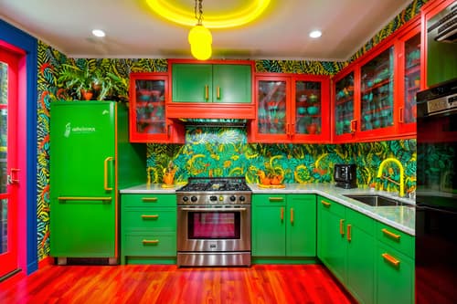 photo from pinterest of maximalist-style interior designed (kitchen interior) with plant and stove and refrigerator and worktops and sink and kitchen cabinets and plant. . with bold design and more is more philosophy and vibrant and eye-catching and bold patterns and over-the-top aesthetic and bold colors and playful. . cinematic photo, highly detailed, cinematic lighting, ultra-detailed, ultrarealistic, photorealism, 8k. trending on pinterest. maximalist interior design style. masterpiece, cinematic light, ultrarealistic+, photorealistic+, 8k, raw photo, realistic, sharp focus on eyes, (symmetrical eyes), (intact eyes), hyperrealistic, highest quality, best quality, , highly detailed, masterpiece, best quality, extremely detailed 8k wallpaper, masterpiece, best quality, ultra-detailed, best shadow, detailed background, detailed face, detailed eyes, high contrast, best illumination, detailed face, dulux, caustic, dynamic angle, detailed glow. dramatic lighting. highly detailed, insanely detailed hair, symmetrical, intricate details, professionally retouched, 8k high definition. strong bokeh. award winning photo.