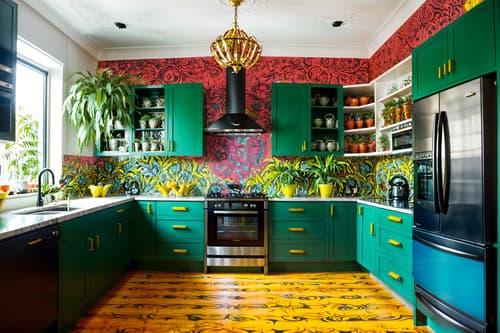 photo from pinterest of maximalist-style interior designed (kitchen interior) with plant and stove and refrigerator and worktops and sink and kitchen cabinets and plant. . with bold design and more is more philosophy and vibrant and eye-catching and bold patterns and over-the-top aesthetic and bold colors and playful. . cinematic photo, highly detailed, cinematic lighting, ultra-detailed, ultrarealistic, photorealism, 8k. trending on pinterest. maximalist interior design style. masterpiece, cinematic light, ultrarealistic+, photorealistic+, 8k, raw photo, realistic, sharp focus on eyes, (symmetrical eyes), (intact eyes), hyperrealistic, highest quality, best quality, , highly detailed, masterpiece, best quality, extremely detailed 8k wallpaper, masterpiece, best quality, ultra-detailed, best shadow, detailed background, detailed face, detailed eyes, high contrast, best illumination, detailed face, dulux, caustic, dynamic angle, detailed glow. dramatic lighting. highly detailed, insanely detailed hair, symmetrical, intricate details, professionally retouched, 8k high definition. strong bokeh. award winning photo.